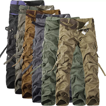 Men's cotton multi-pocket cargo pants in various colors