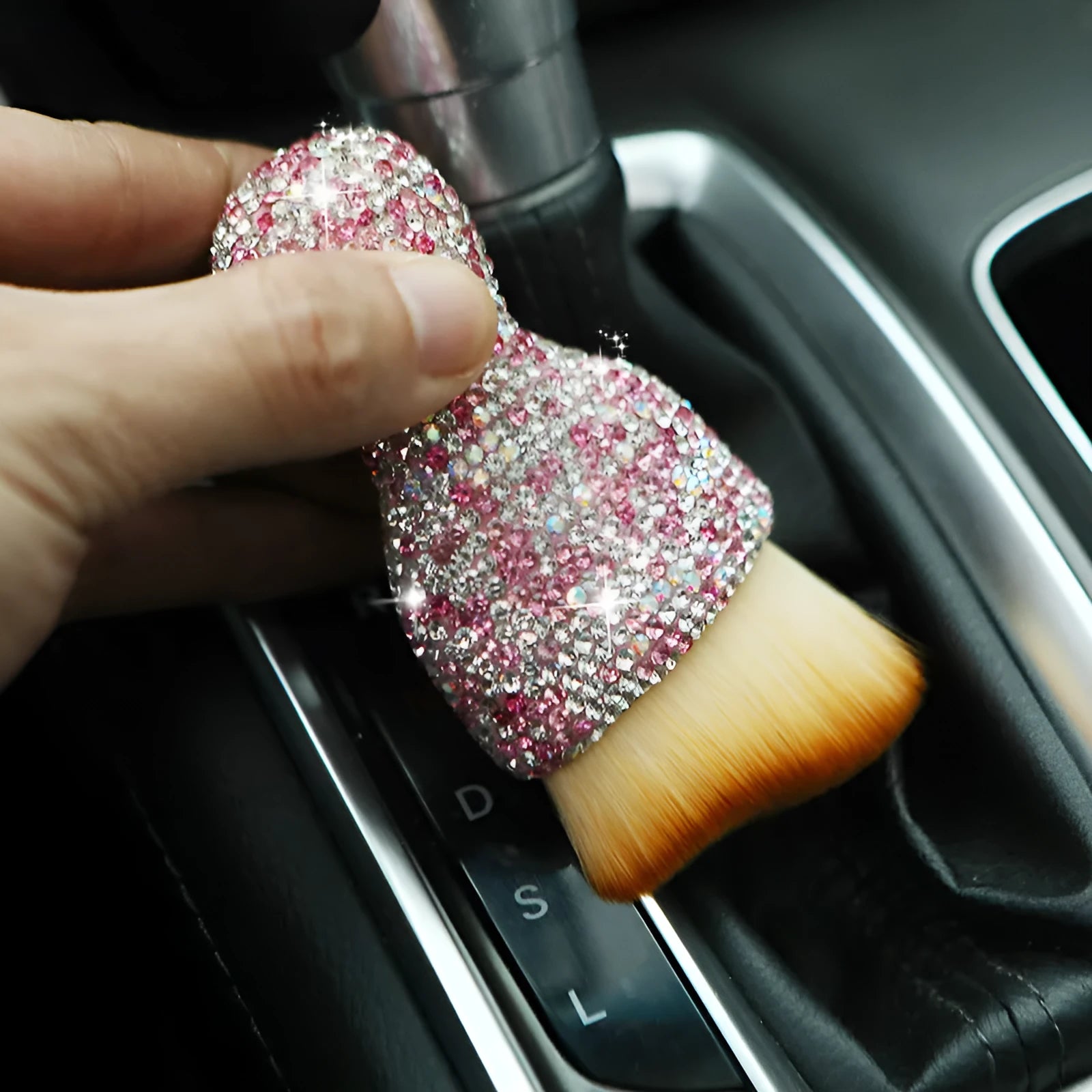 Car interior cleaning brush with soft PVC bristles in white, pink, or black colour options