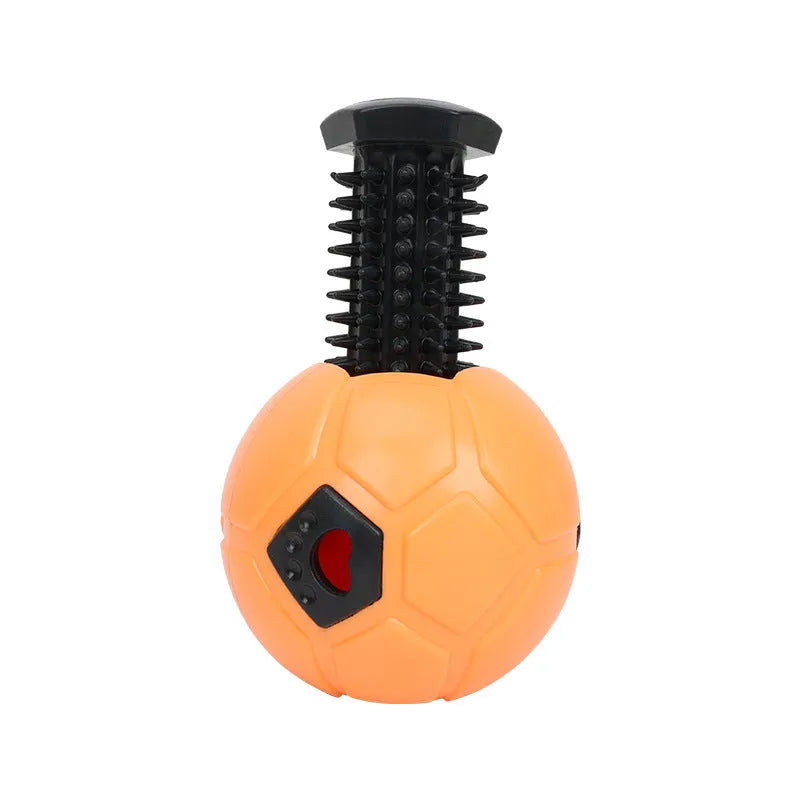Orange and white TPR dog toy balls, one hollow and one with a teeth cleaning stick, for small dogs