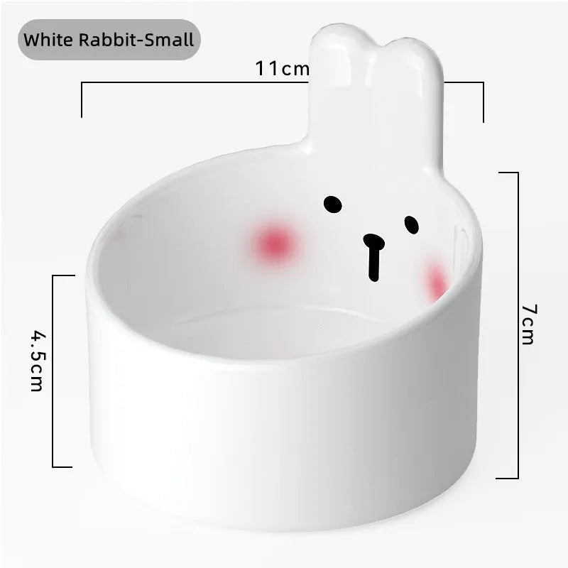 Ceramic pet feeding bowls with neck protection in white and brown animal designs