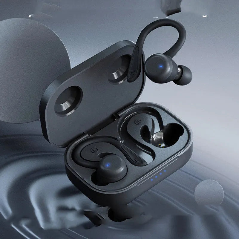 Sports true wireless hanging ear earphones in black, with removable ear hooks and multiple silicone earbuds.