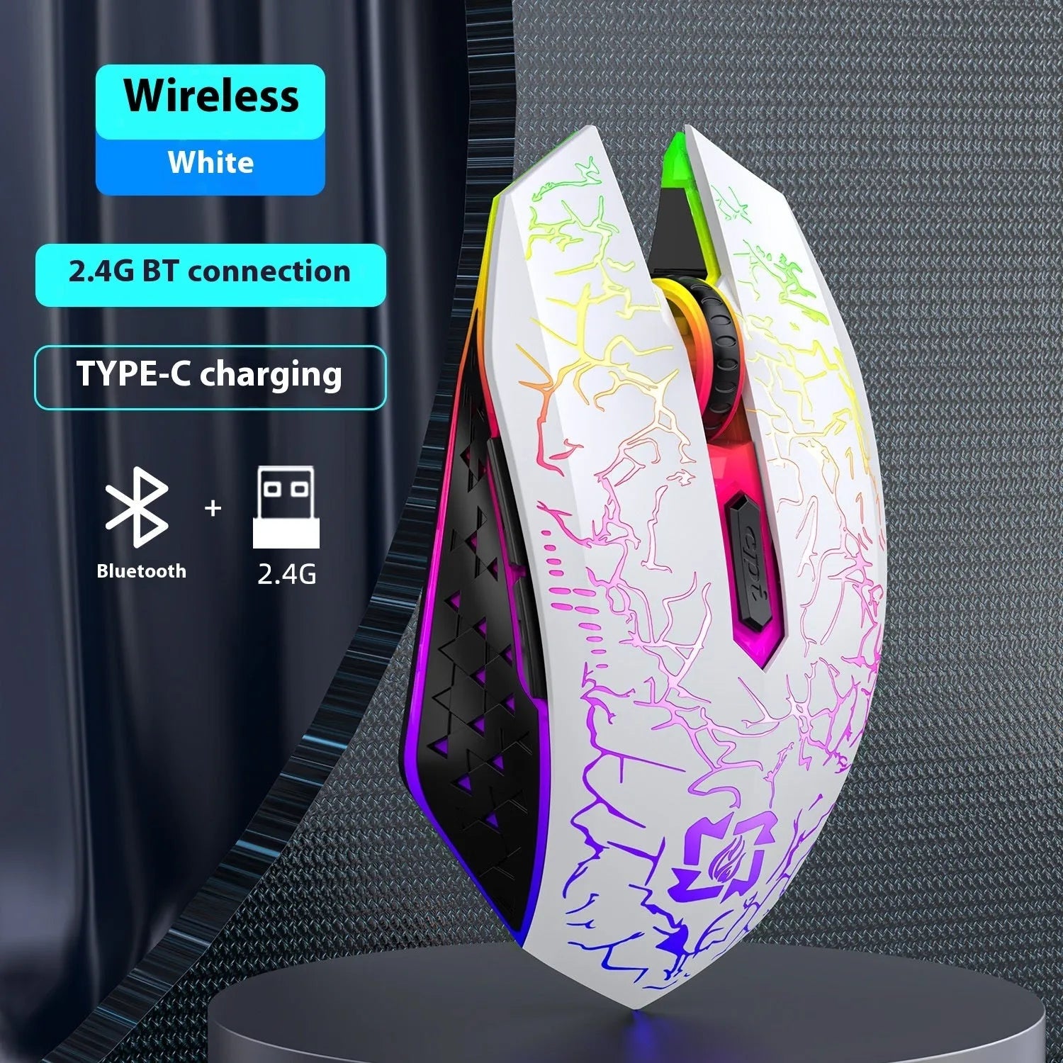 Black and White wireless gaming mouse with RGB lighting effects on desktop