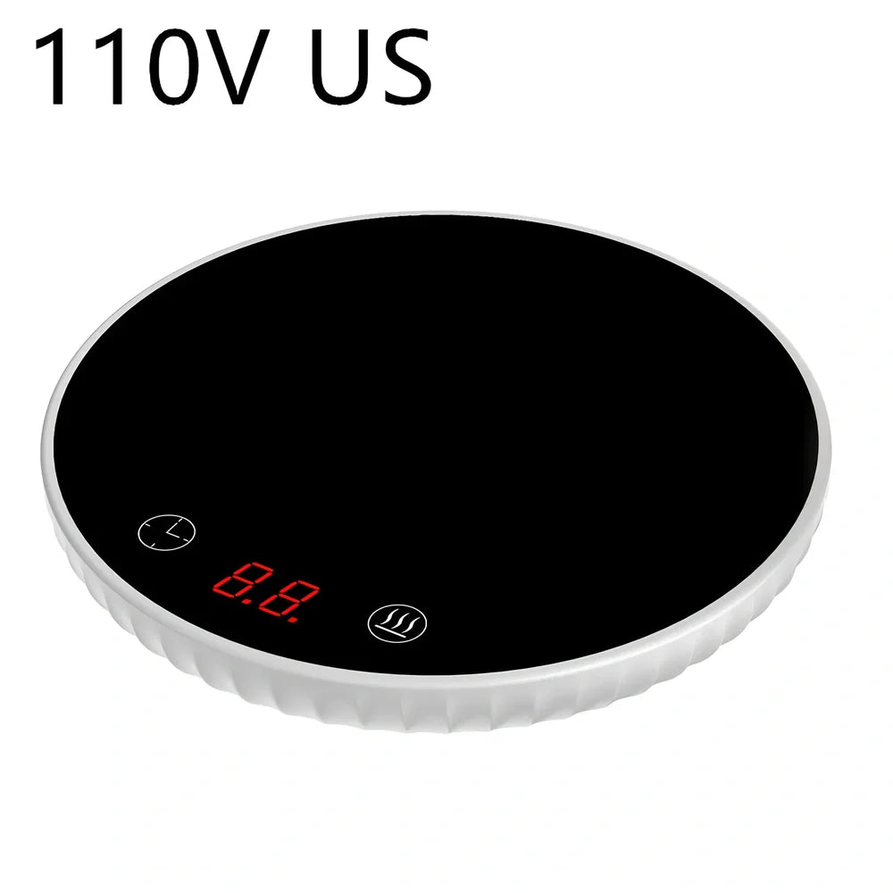 Black electric cup warmer with digital display showing temperature, 115mm diameter, 20mm thickness