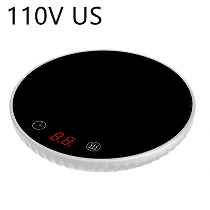 Black electric cup warmer with digital display showing temperature, 115mm diameter, 20mm thickness