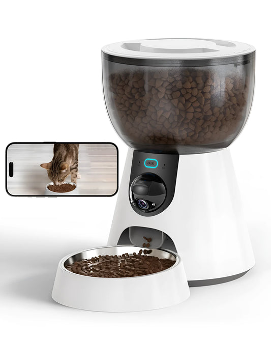 Automatic cat feeder with integrated camera for remote pet monitoring and feeding control