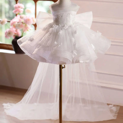 White sleeveless slim-fit dress with round neck, suitable for piano playing with height options from 90cm to 160cm