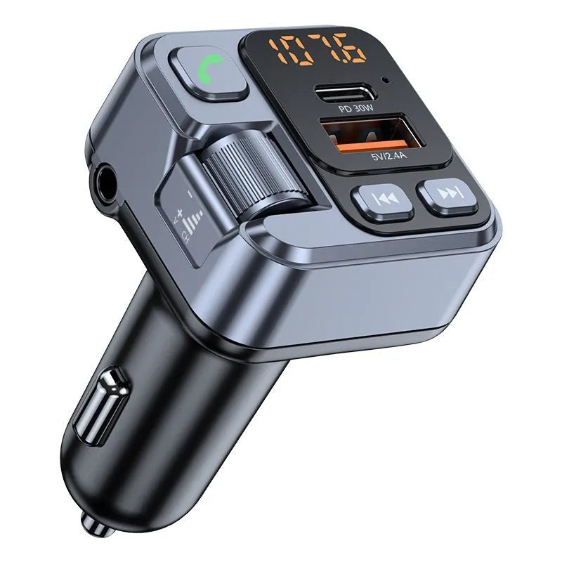 Car Bluetooth receiver with dual USB charging ports and FM transmitter for wireless audio streaming