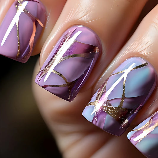 Medium length purple striped nail stickers in European and American style design