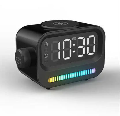 Three-in-one digital alarm clock with atmosphere light and speaker, black or white, 1200 mAh battery