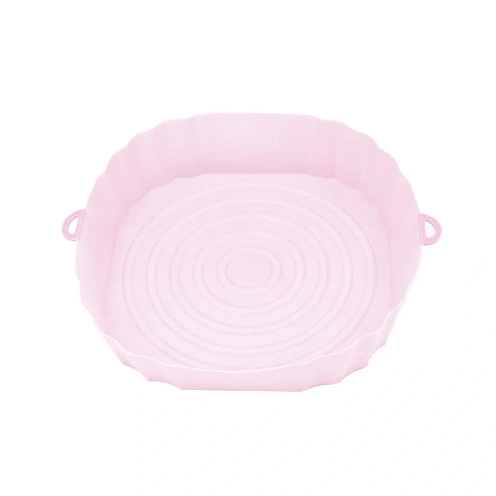 Silicone air fryer basket liner in light grey colour showing 4.5cm depth and flexible design for round air fryers