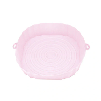 Silicone air fryer basket liner in light grey colour showing 4.5cm depth and flexible design for round air fryers