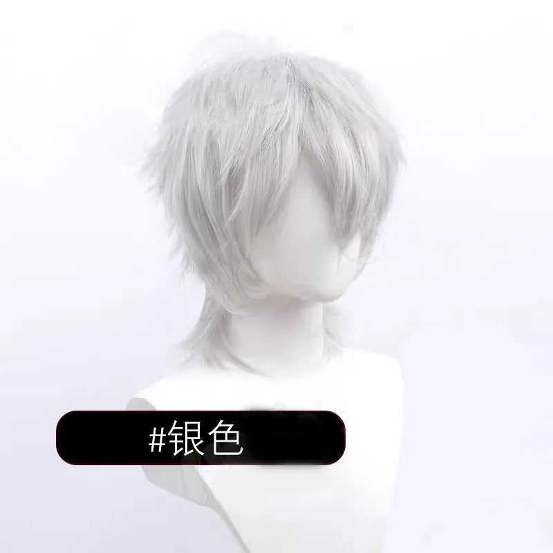 Short black anime-style cosplay wig for men with a lengthened hair tail, made from synthetic fibre.