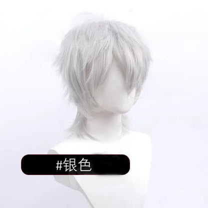 Short black anime-style cosplay wig for men with a lengthened hair tail, made from synthetic fibre.