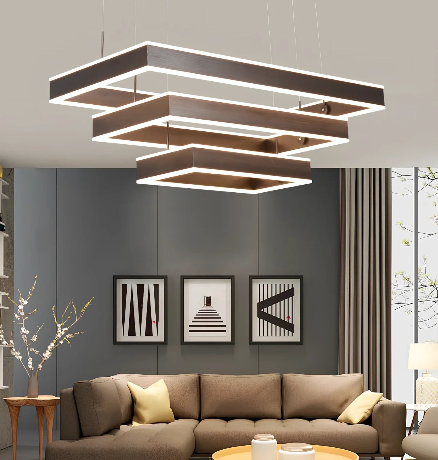Brown aluminium fish pendant ceiling light with remote control and multiple circle sizes