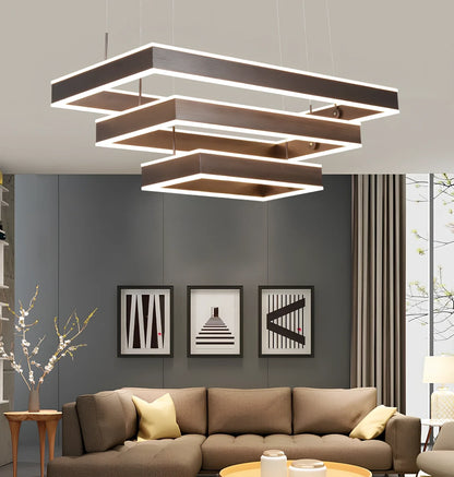 Brown aluminium fish pendant ceiling light with remote control and multiple circle sizes