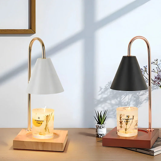 Log aromatherapy melting wax lamp measuring 37cm tall with natural wood base and white lampshade
