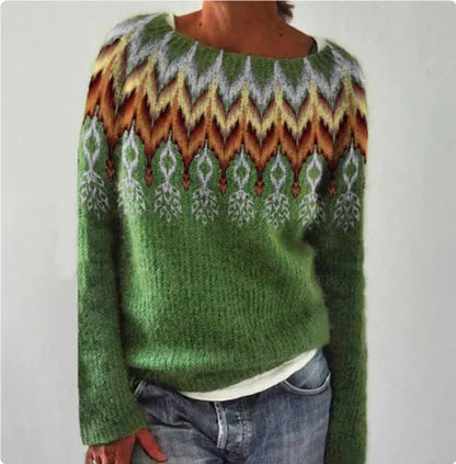 Women's loose round neck acrylic pullover sweater in geometric and stripe prints, sizes S-5XL, 50cm length