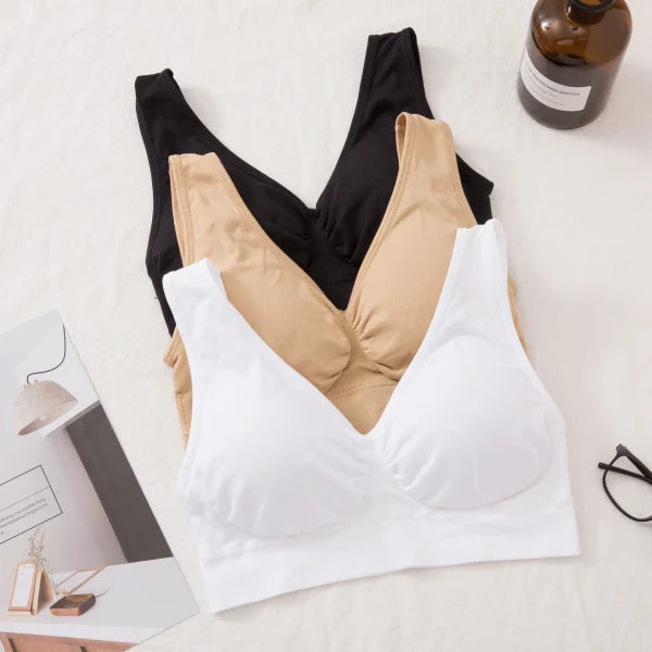 Genie Bra Seamless Comfort Bra in white, black, and khaki colors with seamless design for superior comfort and support