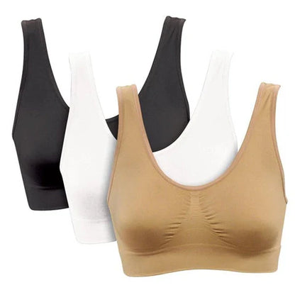 Genie Bra Seamless Comfort Bra in white, black, and khaki colors with seamless design for superior comfort and support