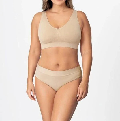 Genie Bra Seamless Comfort Bra in white, black, and khaki colors with seamless design for superior comfort and support
