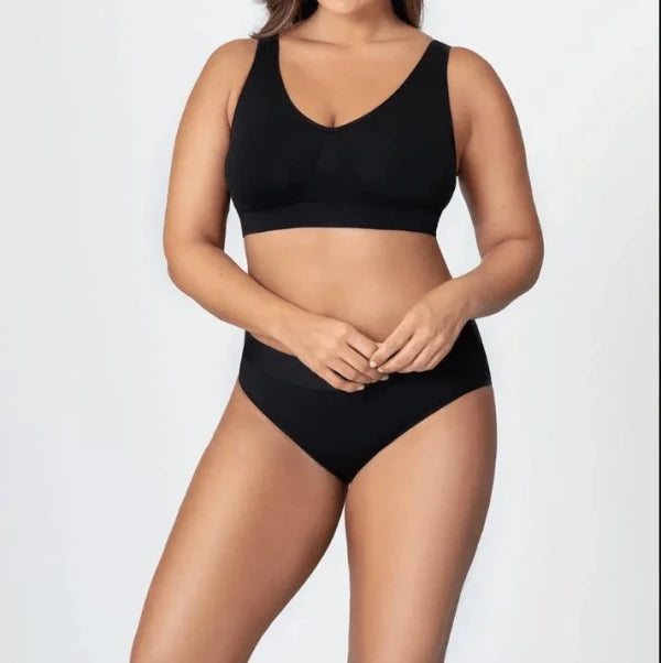 Genie Bra Seamless Comfort Bra in white, black, and khaki colors with seamless design for superior comfort and support