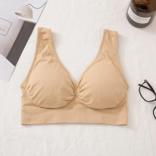 Genie Bra Seamless Comfort Bra in white, black, and khaki colors with seamless design for superior comfort and support