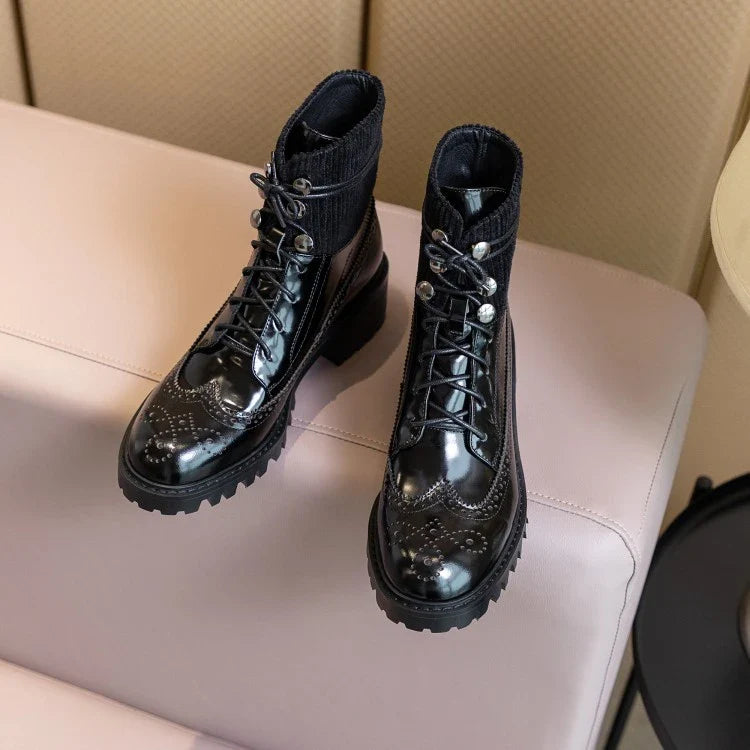 Fashionable lace-up boots with round toe, thick heel, and sleek all-match design