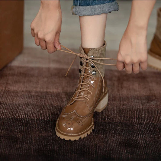 Fashionable lace-up boots with round toe, thick heel, and sleek all-match design