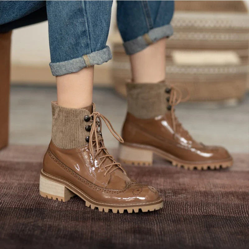Fashionable lace-up boots with round toe, thick heel, and sleek all-match design
