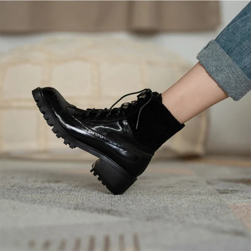 Fashionable lace-up boots with round toe, thick heel, and sleek all-match design