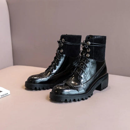 Fashionable lace-up boots with round toe, thick heel, and sleek all-match design