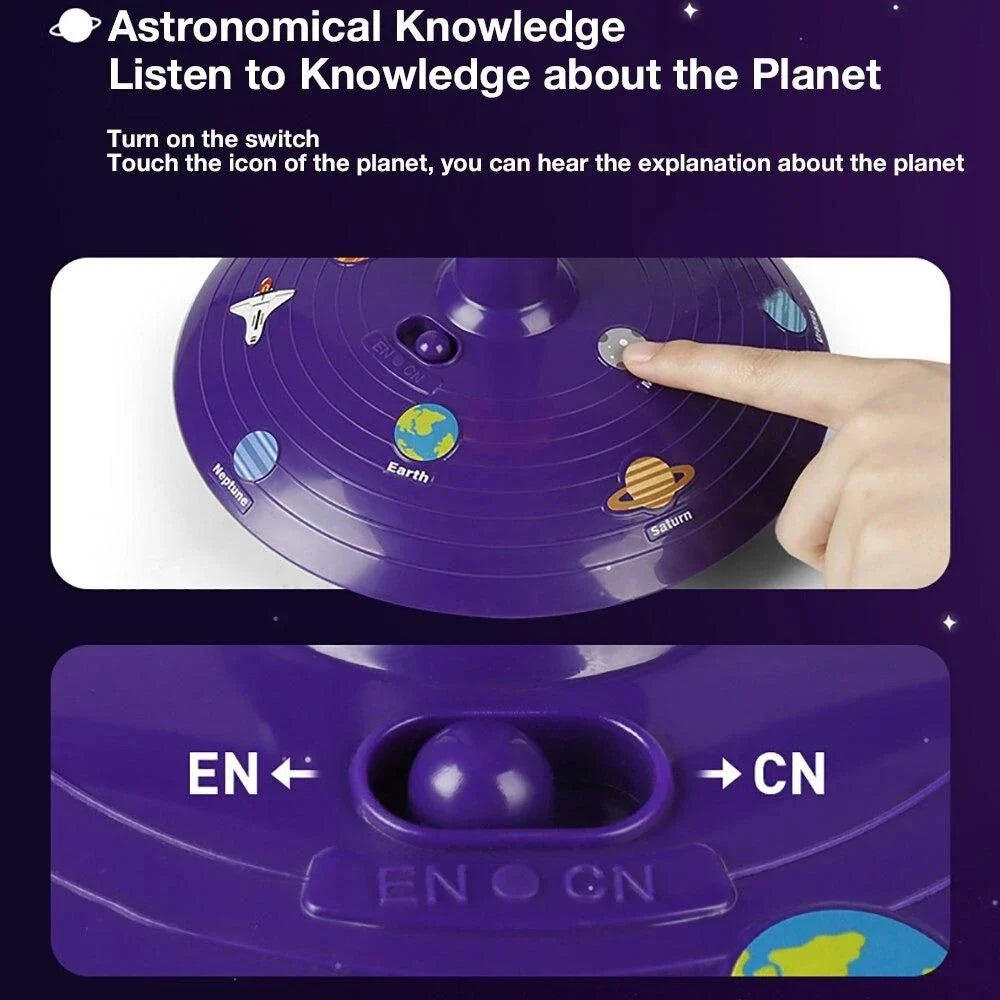 Colorful Solar System Sky Projector with detailed sun and planet models, movable arms, and sturdy stand for educational and stargazing use