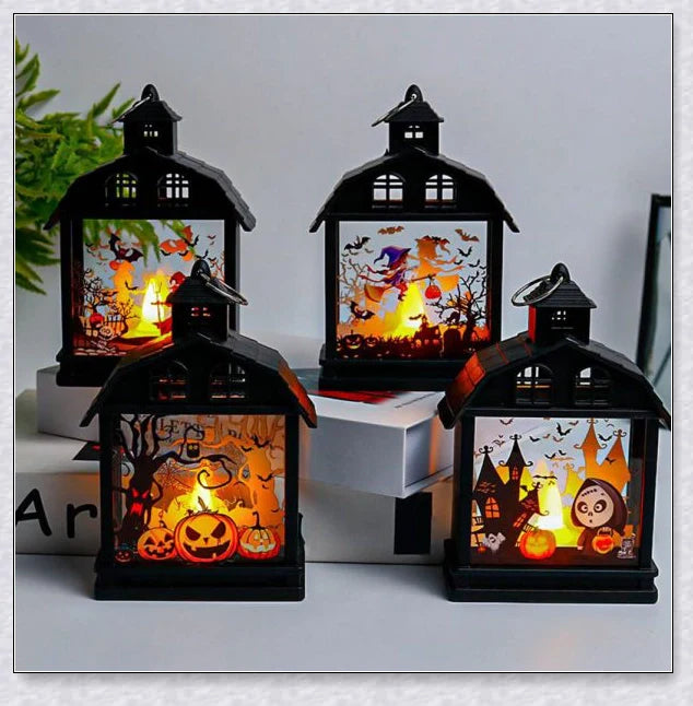 Set of 4 Illuminova Vintage Halloween Lanterns with Flameless Candles, featuring pumpkins, ghosts, and other spooky designs for a charming, Halloween-themed decor.