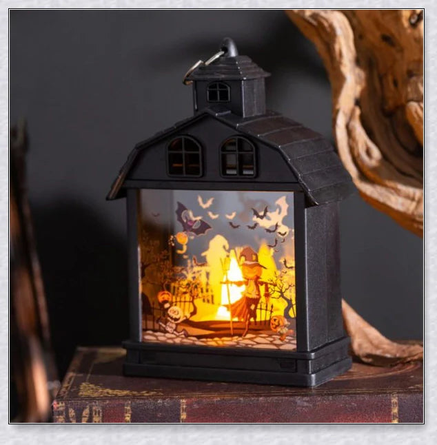 Set of 4 Illuminova Vintage Halloween Lanterns with Flameless Candles, featuring pumpkins, ghosts, and other spooky designs for a charming, Halloween-themed decor.