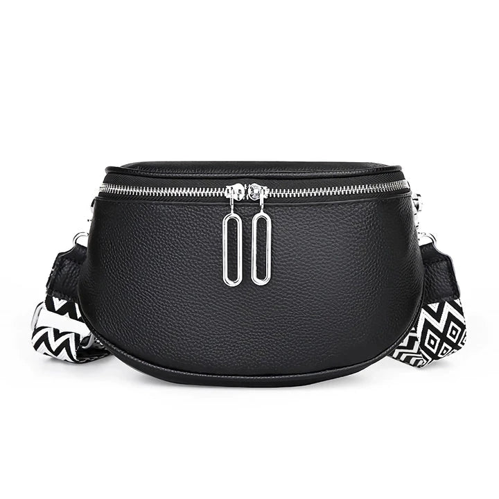 High-quality genuine leather tote bag for women, featuring a beige body with a colorful strap, multiple interior compartments, and a sleek, elegant design.