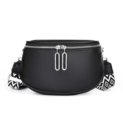 High-quality genuine leather tote bag for women, featuring a beige body with a colorful strap, multiple interior compartments, and a sleek, elegant design.