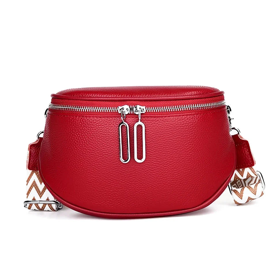 High-quality genuine leather tote bag for women, featuring a beige body with a colorful strap, multiple interior compartments, and a sleek, elegant design.