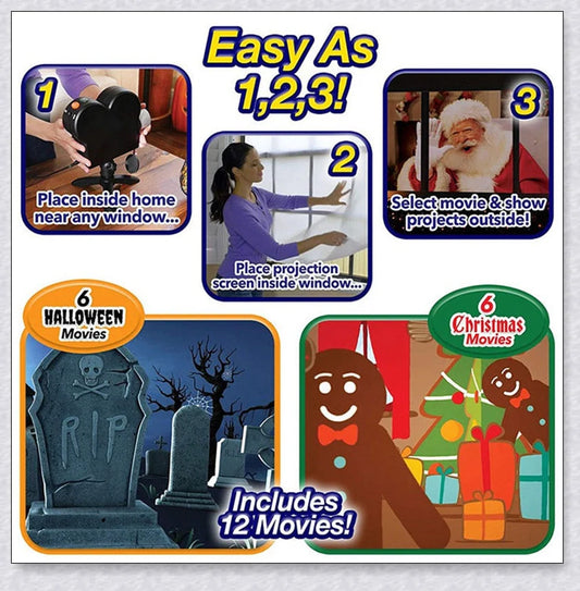 Magic Window Projector turning a window into a festive holiday display