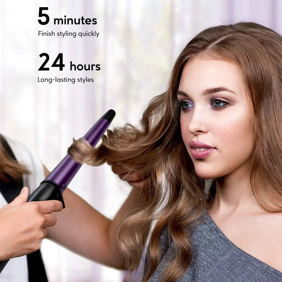 Pro Conical Curling Wand with ceramic barrel, temperature control, and safety features for creating effortless curls at home