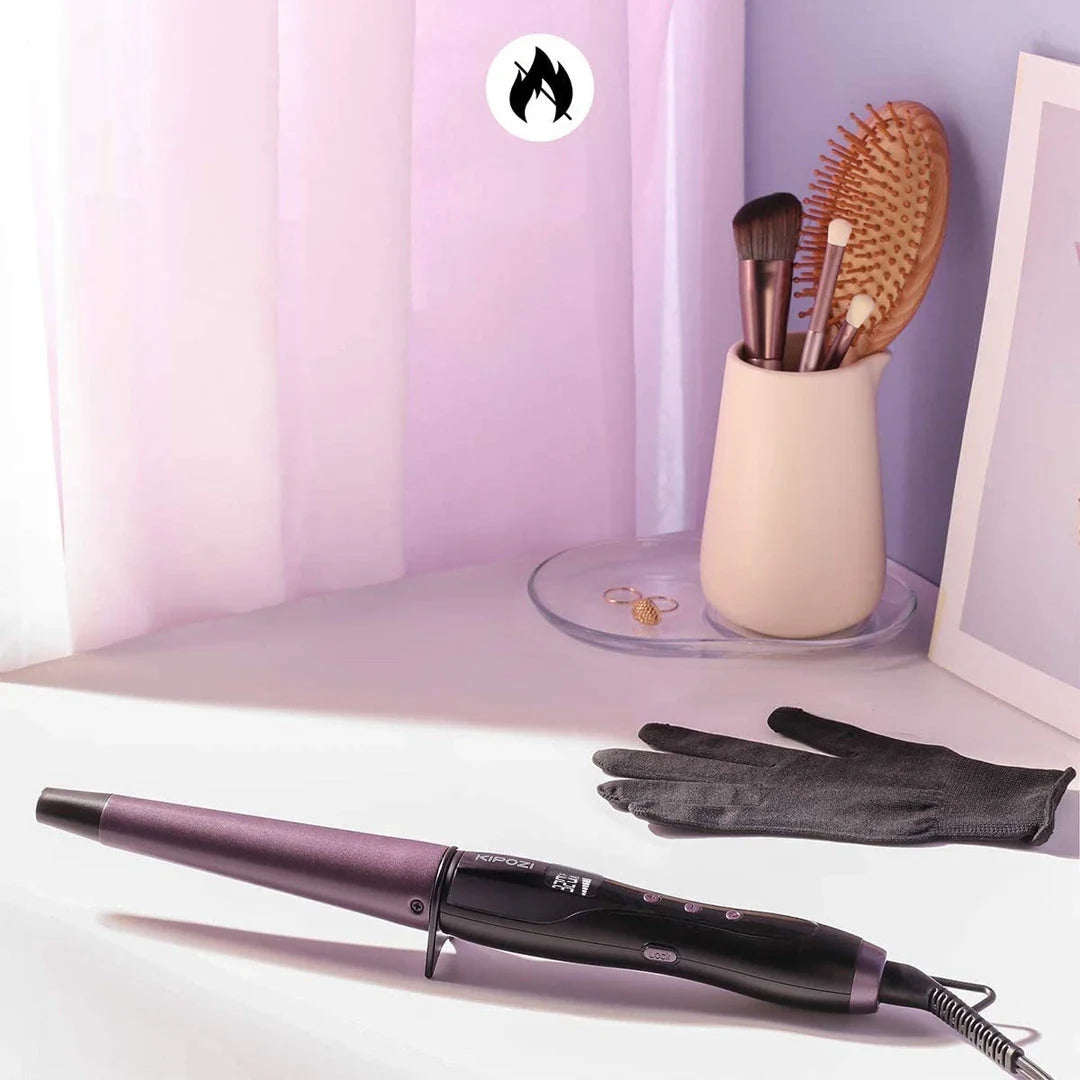 Pro Conical Curling Wand with ceramic barrel, temperature control, and safety features for creating effortless curls at home
