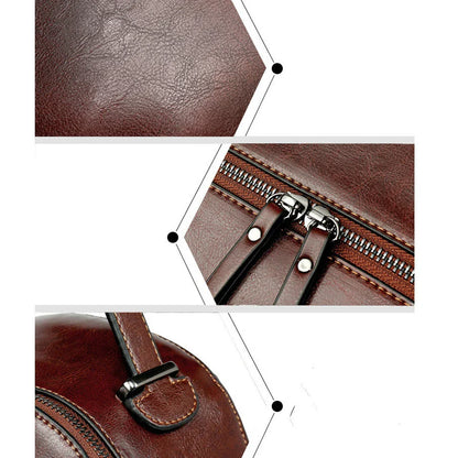 Fashionable leather backpack with cowhide material, multiple pockets, and stylish design elements