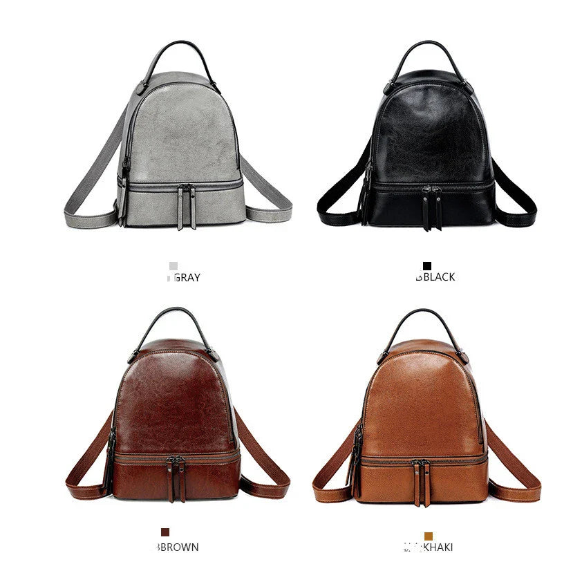 Fashionable leather backpack with cowhide material, multiple pockets, and stylish design elements