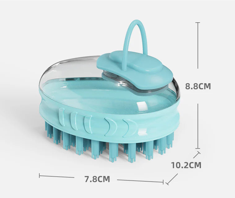 A green pet bath brush designed to provide a relaxing massage experience for dogs during bath time.