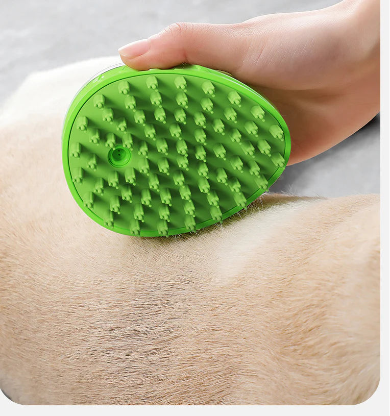 A green pet bath brush designed to provide a relaxing massage experience for dogs during bath time.