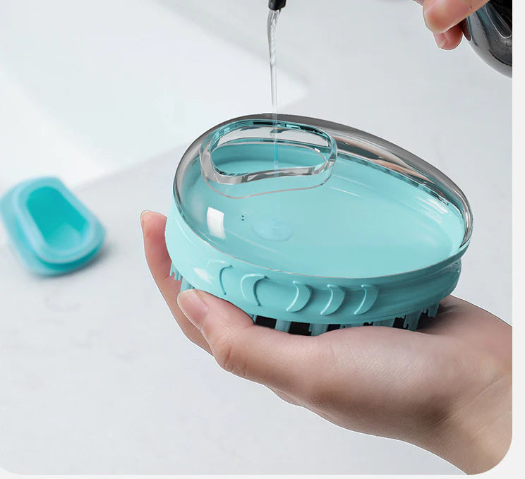 A green pet bath brush designed to provide a relaxing massage experience for dogs during bath time.