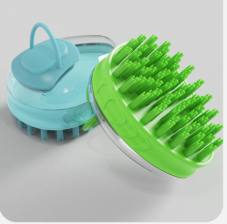 A green pet bath brush designed to provide a relaxing massage experience for dogs during bath time.