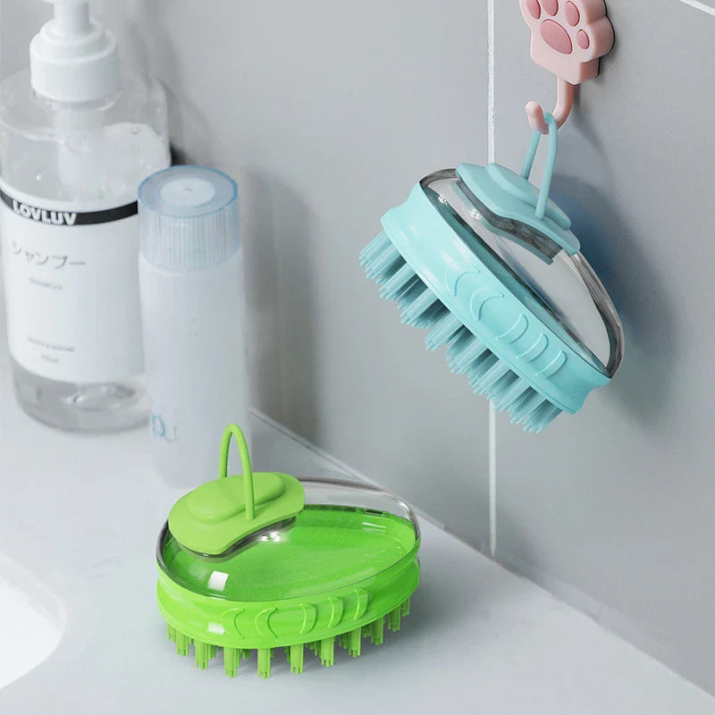 A green pet bath brush designed to provide a relaxing massage experience for dogs during bath time.