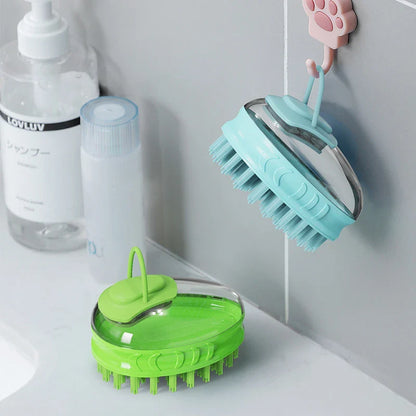 A green pet bath brush designed to provide a relaxing massage experience for dogs during bath time.