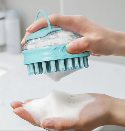 A green pet bath brush designed to provide a relaxing massage experience for dogs during bath time.