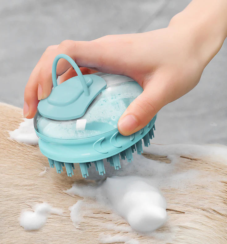 A green pet bath brush designed to provide a relaxing massage experience for dogs during bath time.